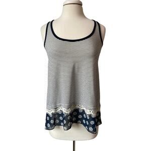 Maison Jules NWT Nautical Navy Stripe Floral Lace Tank Top Women's S Boho Beach